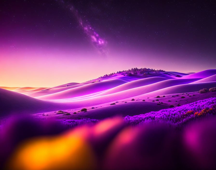 Starry Night Sky Over Purple and Pink Sand Dunes