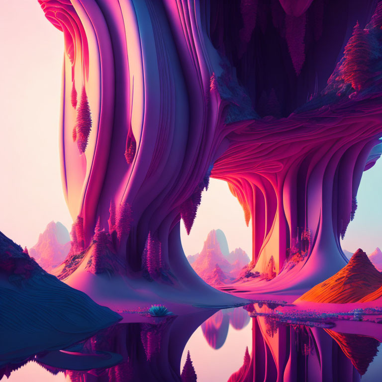 Surreal alien landscape with purple and pink hues and unique rock formations