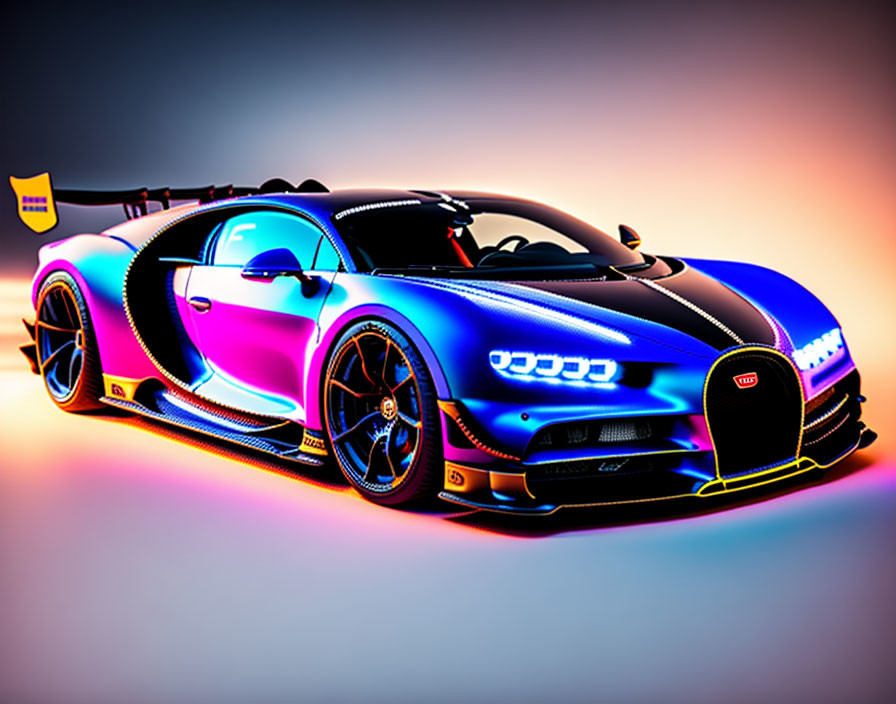 Vibrant hypercar with neon lights & Bugatti branding