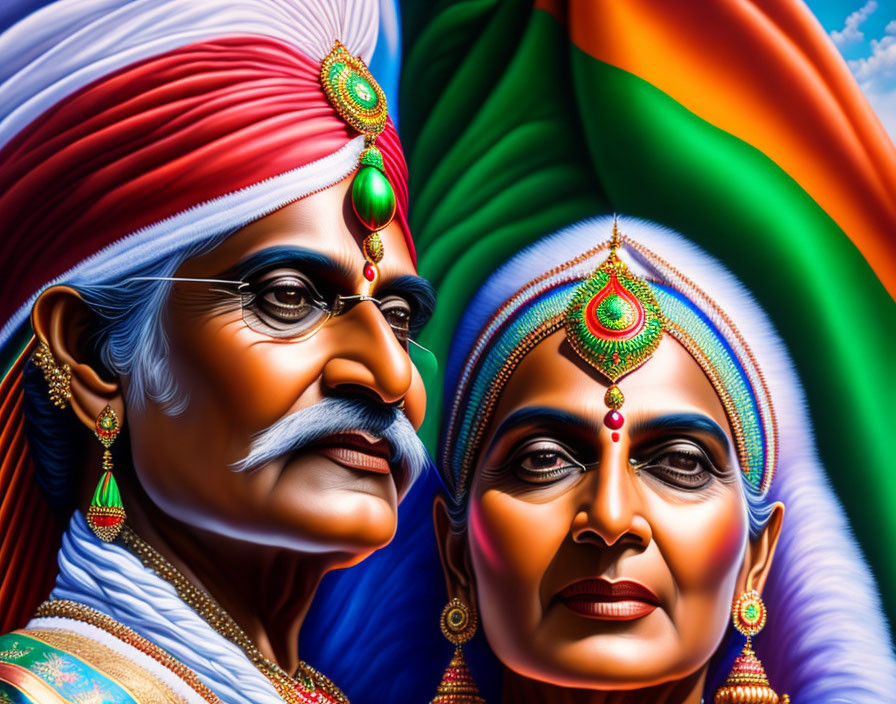 Colorful Indian elderly couple illustration with traditional attire and intricate headgear.