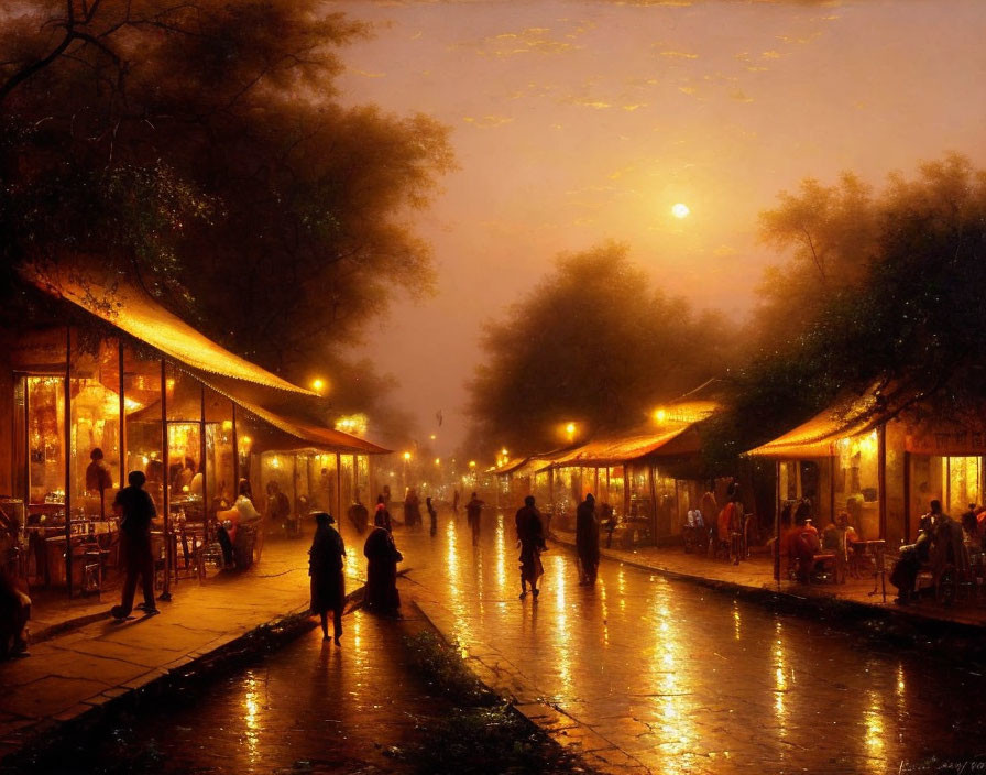 Night scene with people strolling by illuminated shops on wet street under glowing moon
