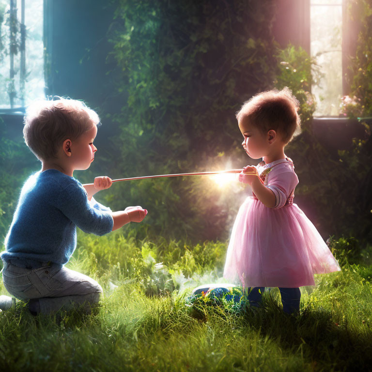 Children play magical duel with sticks in enchanted garden