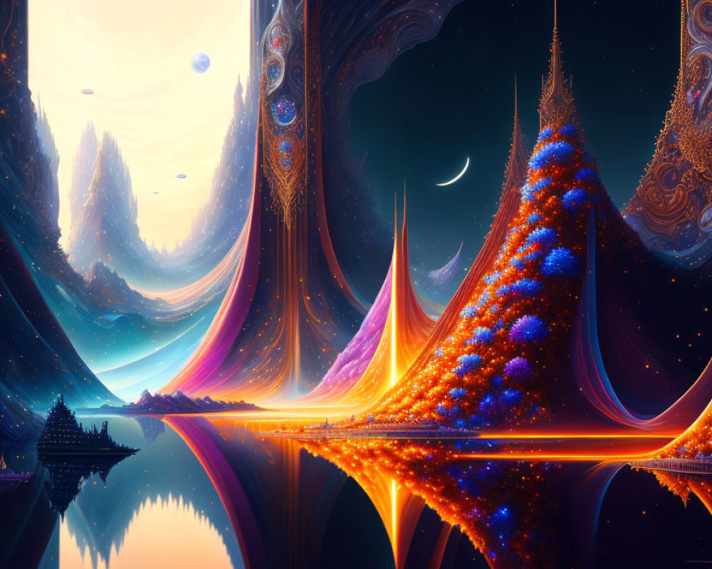Colorful Otherworldly Landscape with Luminous Trees and Moons