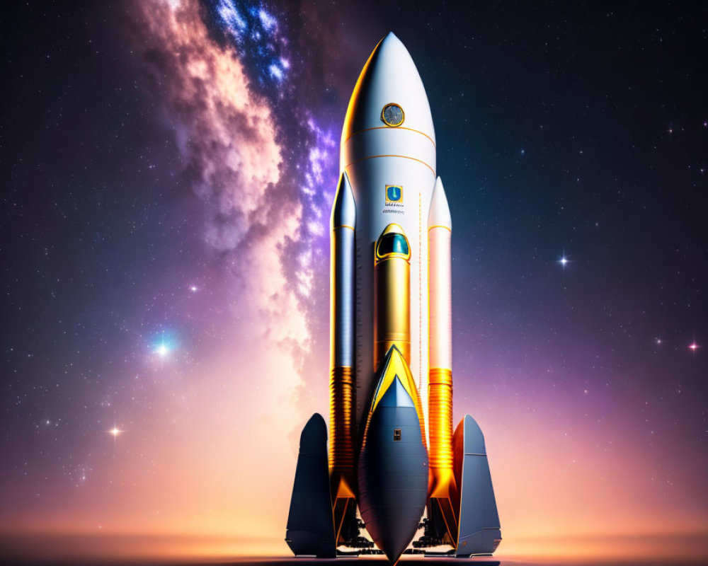 Digitally rendered rocket ready for launch in twilight sky.
