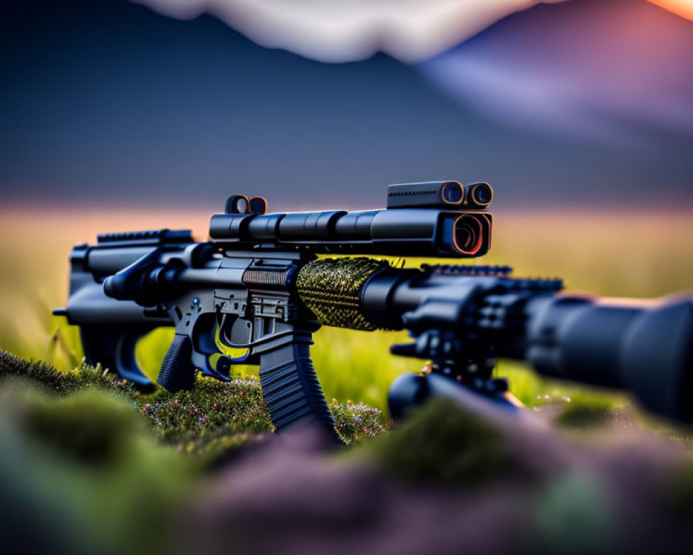Scoped rifle on mossy ground with mountain backdrop at dusk