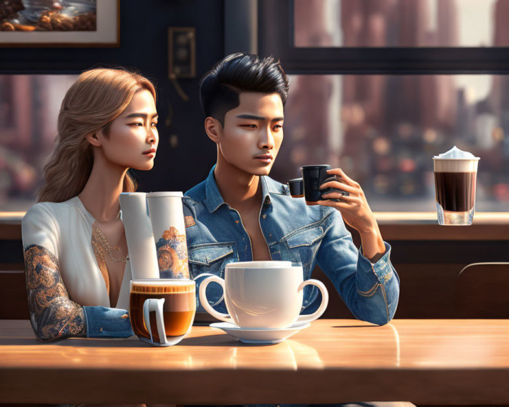Modern cafe scene with stylish animated characters enjoying coffee