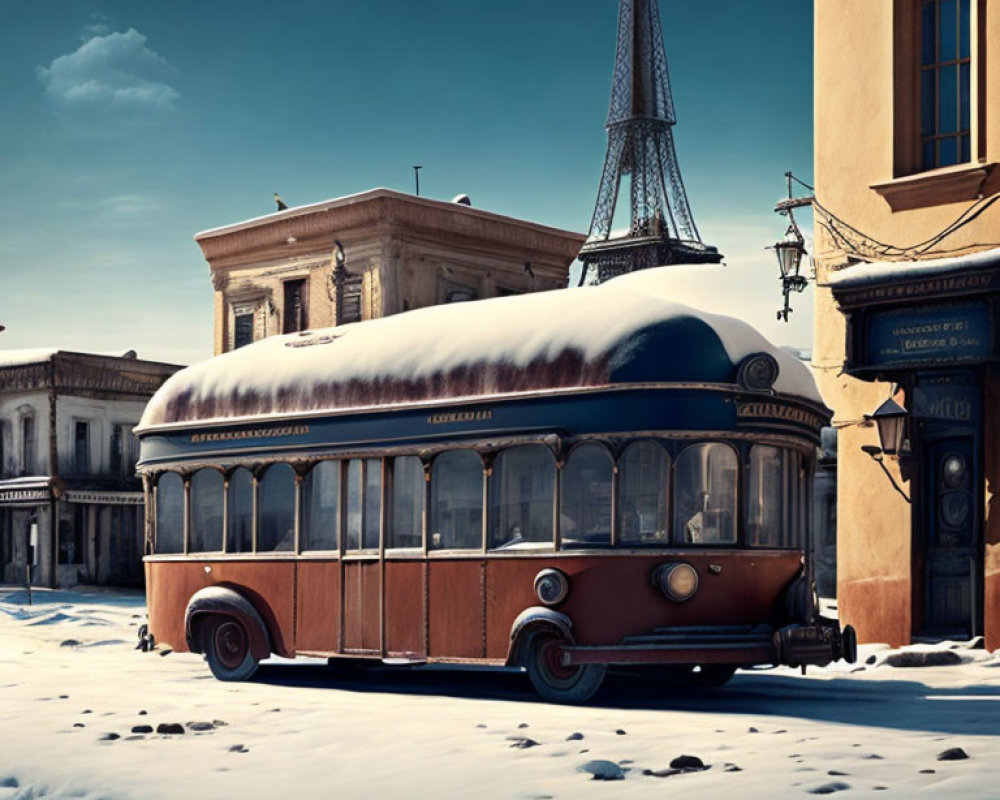 Snow-covered vintage tram on old-style street with Eiffel Tower backdrop.