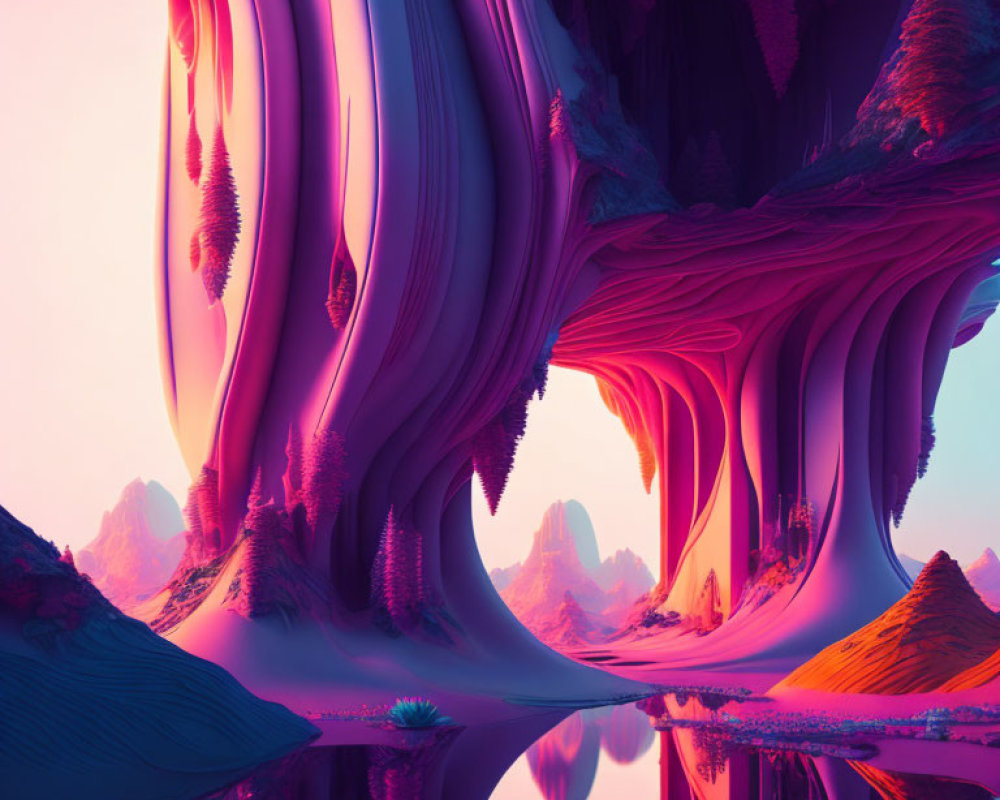 Surreal alien landscape with purple and pink hues and unique rock formations