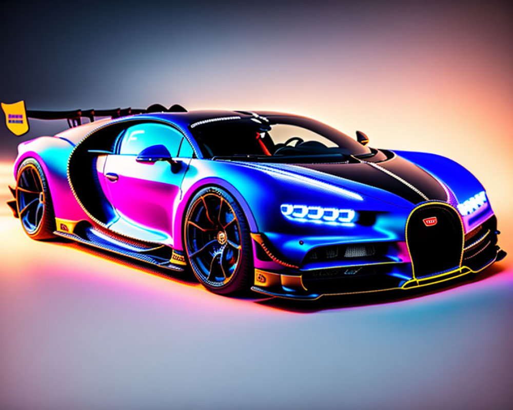 Vibrant hypercar with neon lights & Bugatti branding