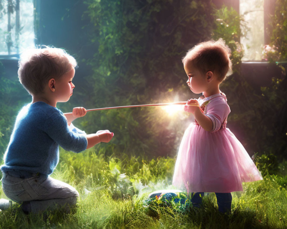 Children play magical duel with sticks in enchanted garden
