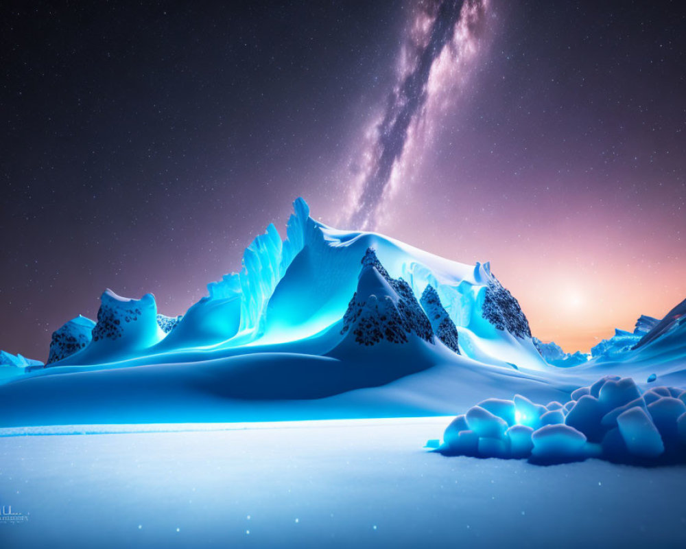 Starry night sky over glowing blue polar ice landscape