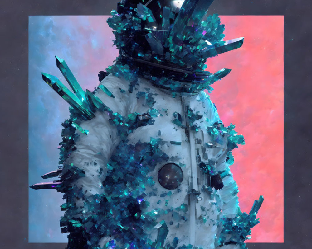 Crystal-adorned astronaut figure in pink and blue cosmic setting