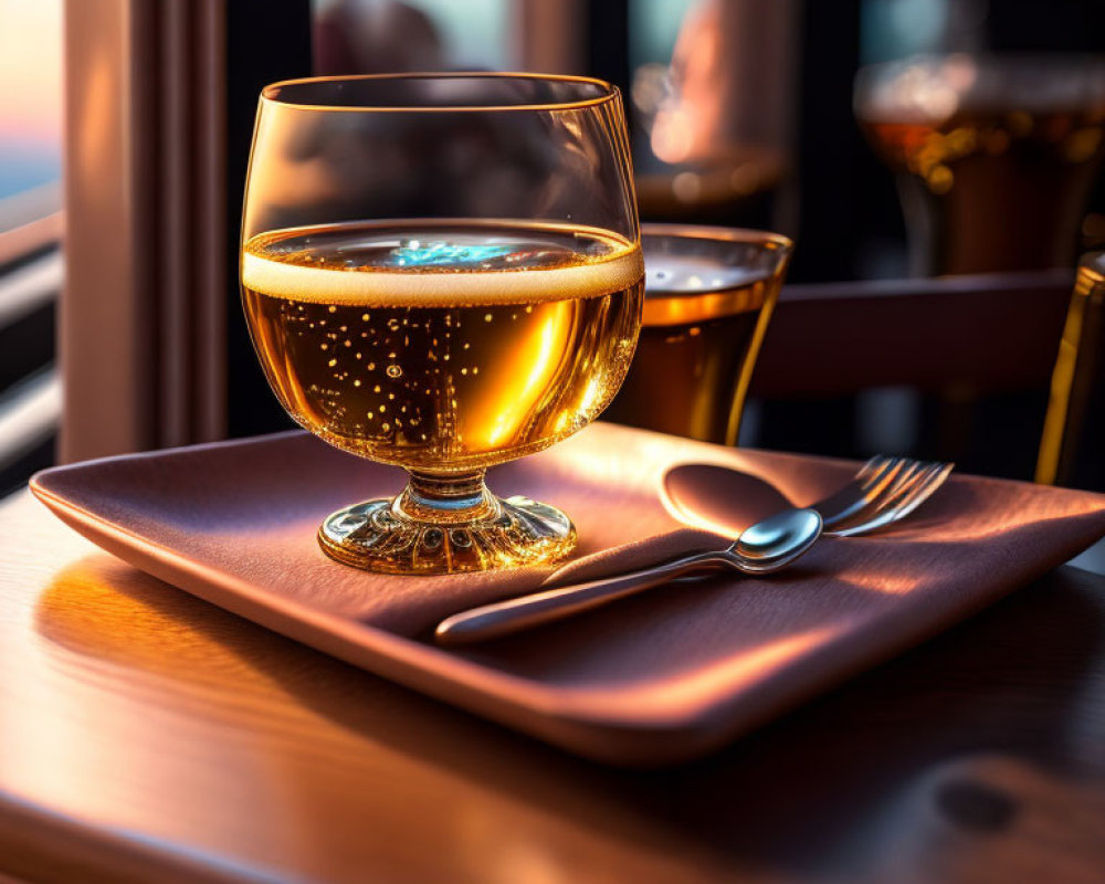 Amber liquid glass on coaster with spoon in warm-lit room