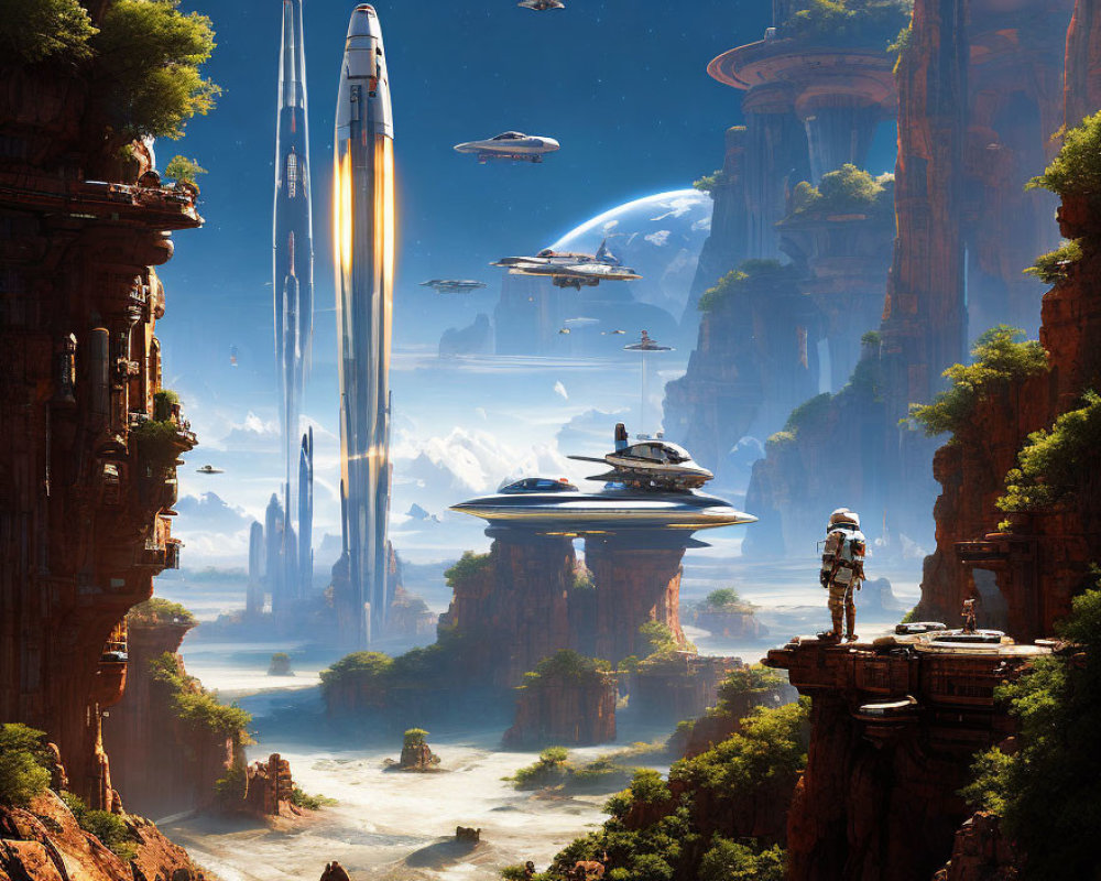 Futuristic cityscape with towering structures and flying vehicles amid rocky formations and lush valley.