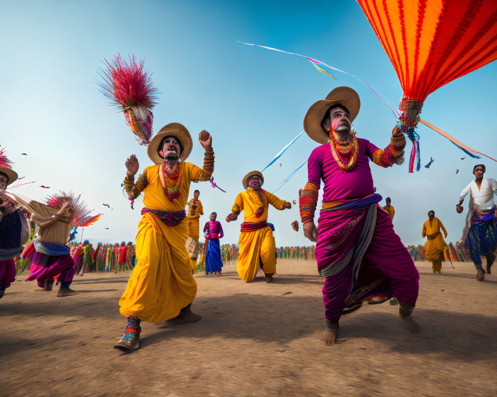 Colorful traditional dance with performers in vibrant costumes under blue sky