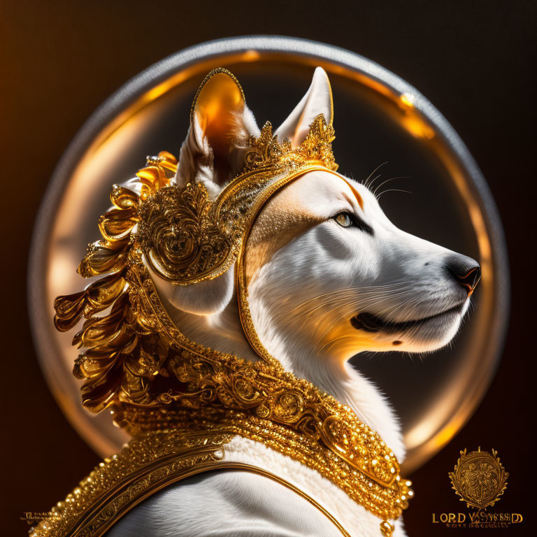 Majestic Husky with Golden Headgear and Armor on Glowing Halo Background