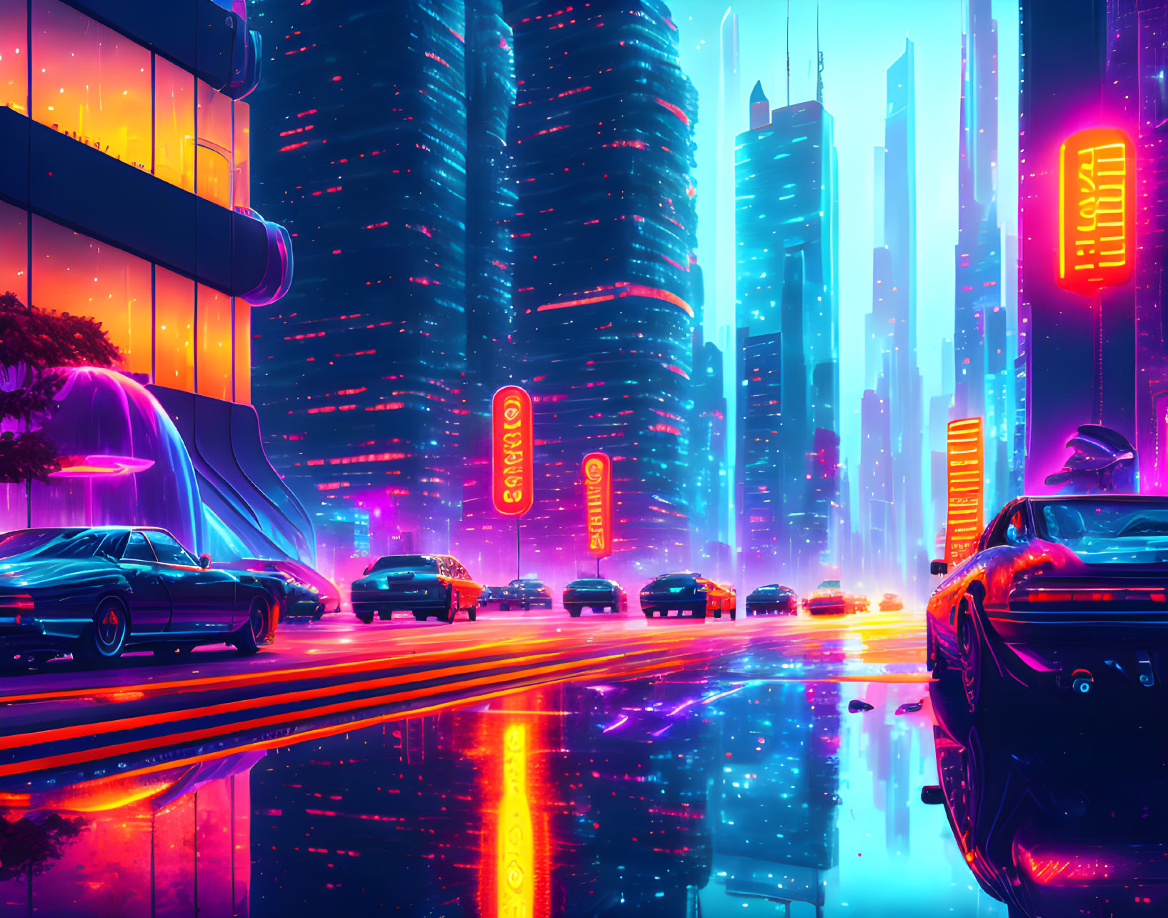 Futuristic cityscape with neon lights, skyscrapers, sleek cars, and twilight sky
