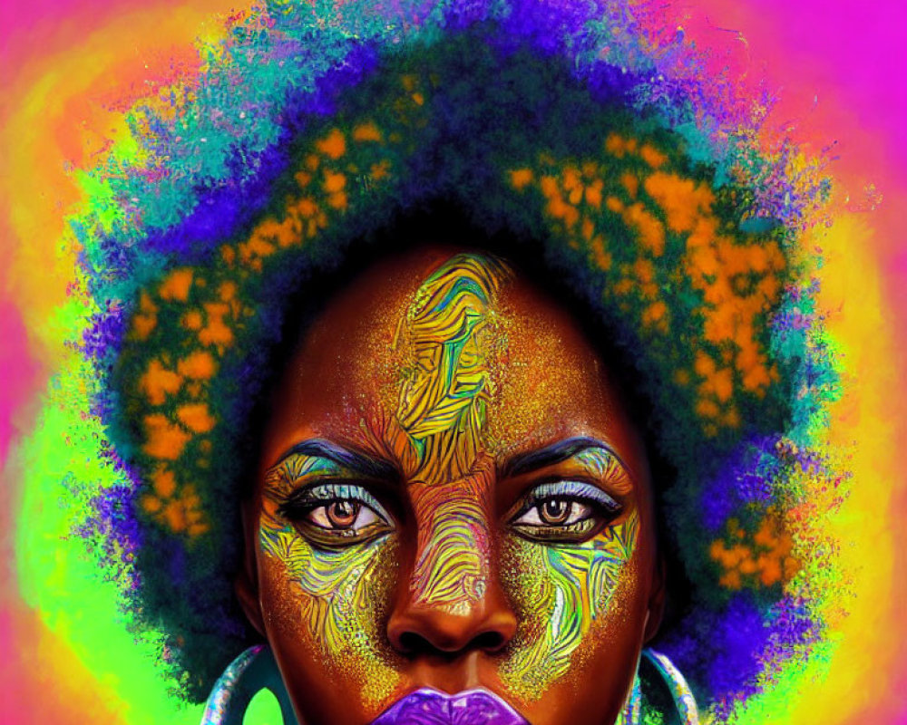 Colorful digital artwork features woman with afro and tribal face paint on neon background