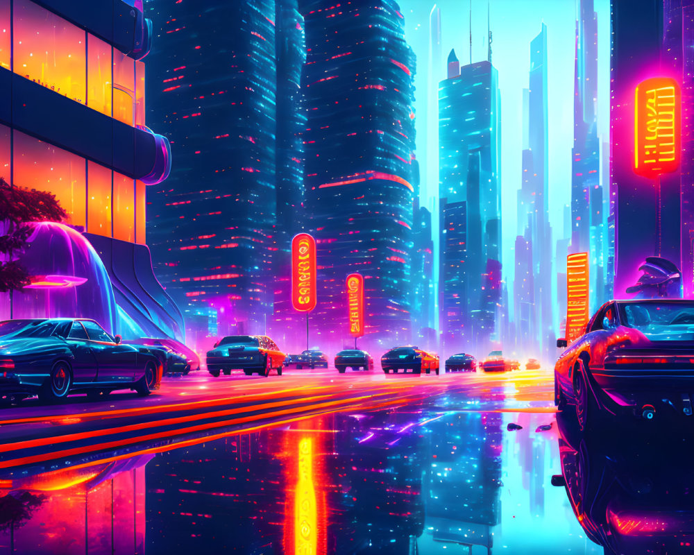Futuristic cityscape with neon lights, skyscrapers, sleek cars, and twilight sky