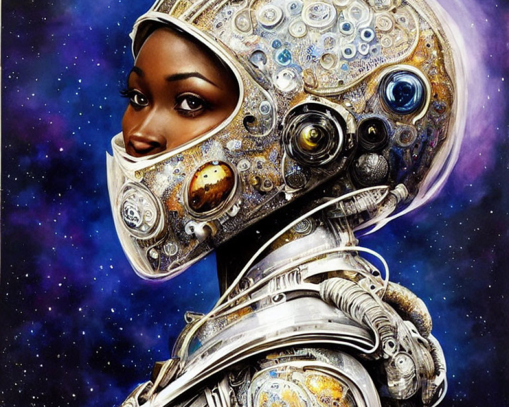 Dark-skinned woman in futuristic silver helmet with intricate gears and lenses on starry space backdrop