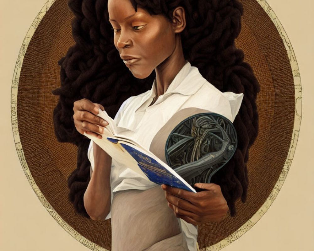 Illustration of woman with intricate hair reading book and futuristic device on arm in sepia background