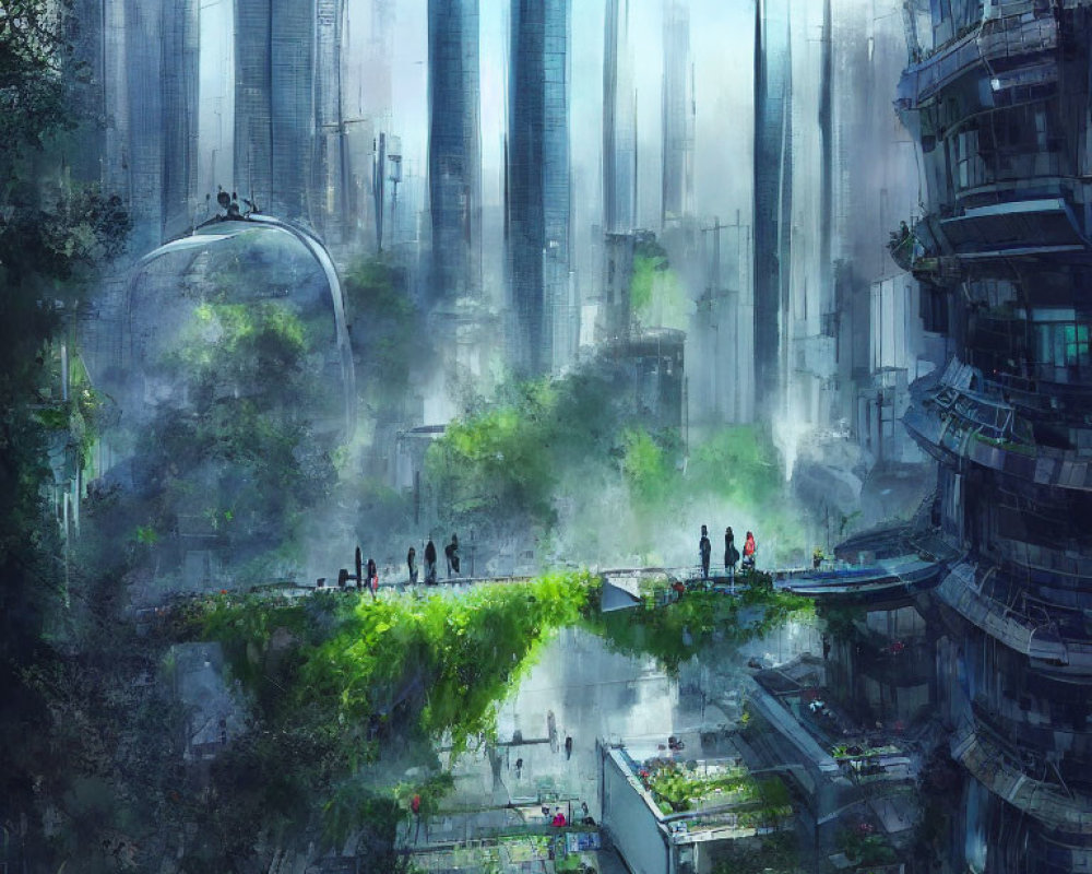 Futuristic cityscape with mist, skyscrapers, greenery, and transparent dome.