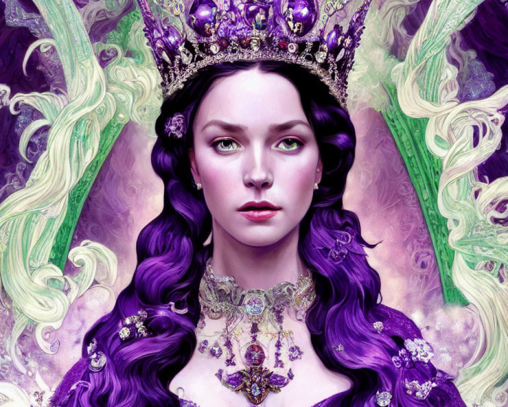 Regal woman with purple hair in ornate crown and gown, set in fantasy motif.