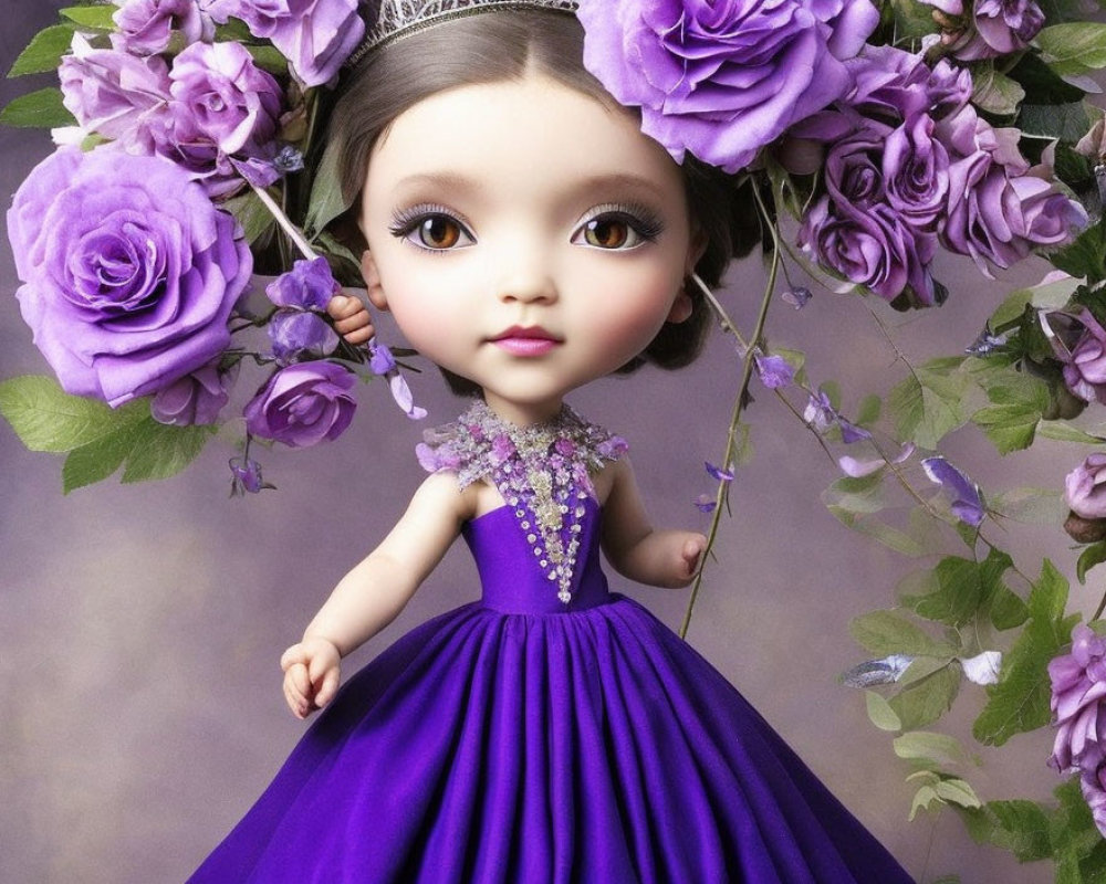 Doll with Large Eyes in Purple Dress and Tiara Among Purple Roses