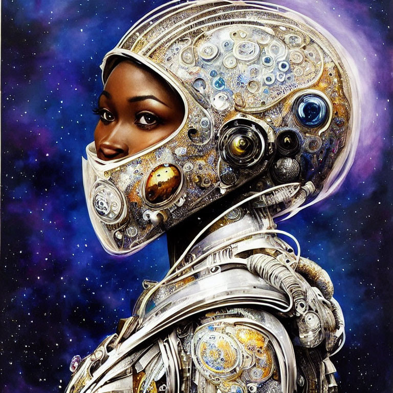 Dark-skinned woman in futuristic silver helmet with intricate gears and lenses on starry space backdrop