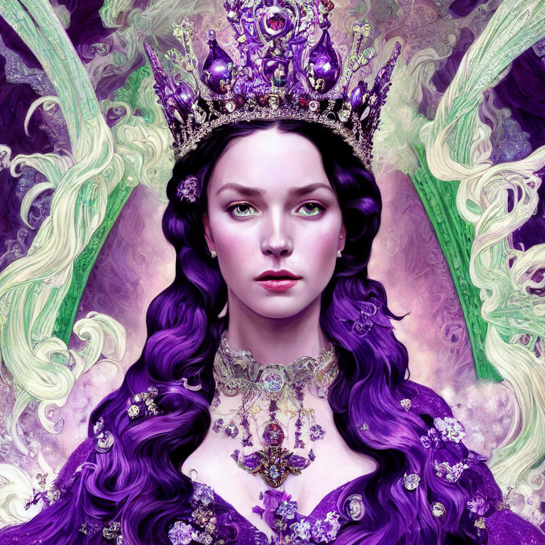 Regal woman with purple hair in ornate crown and gown, set in fantasy motif.