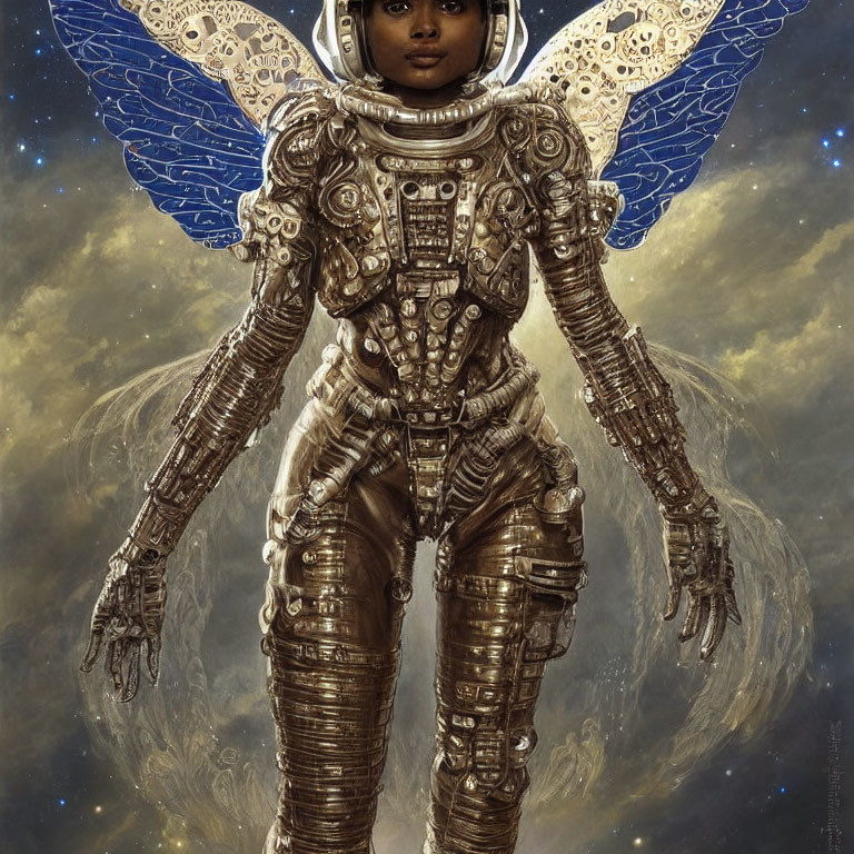 Futuristic astronaut with mechanical butterfly wings in space suit