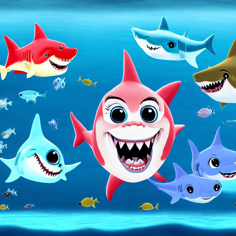 Vibrant Cartoon Sharks and Small Fish in Blue Underwater Scene