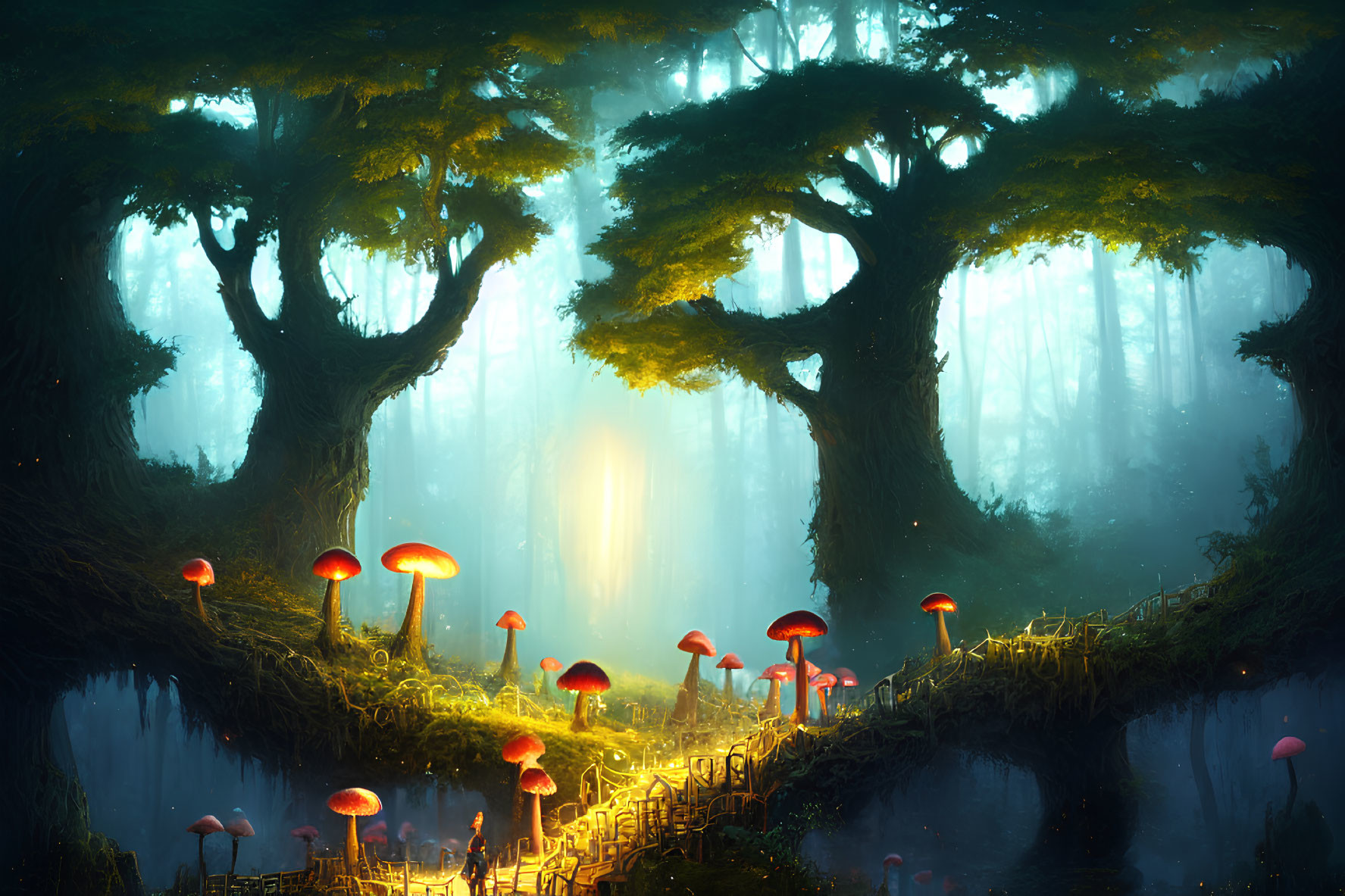 Enchanting forest scene with towering trees, glowing light, oversized mushrooms, and old bridge