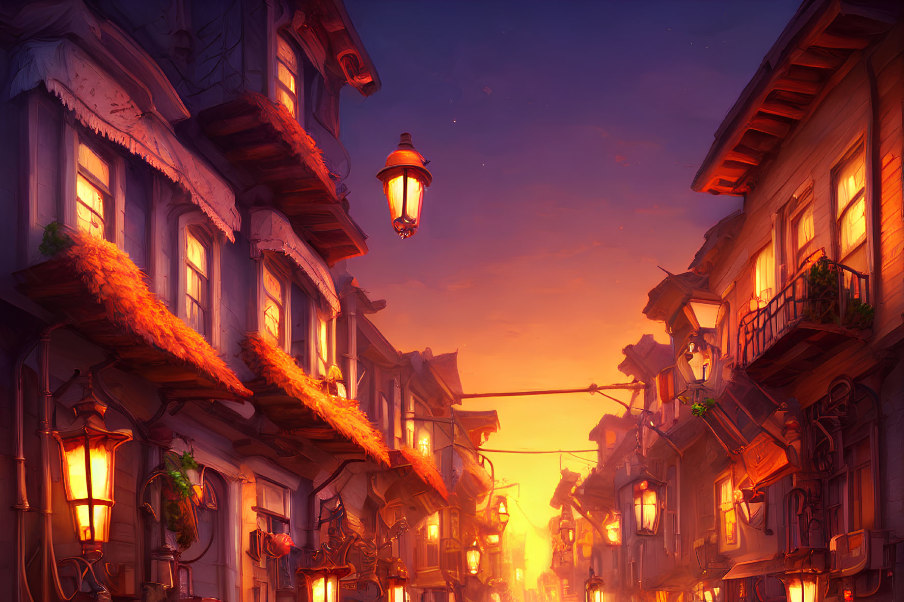 Twilight scene of narrow street with quaint houses and glowing lanterns