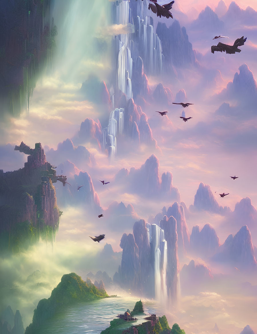 Surreal landscape with waterfalls, floating islands, pink clouds, and birds.