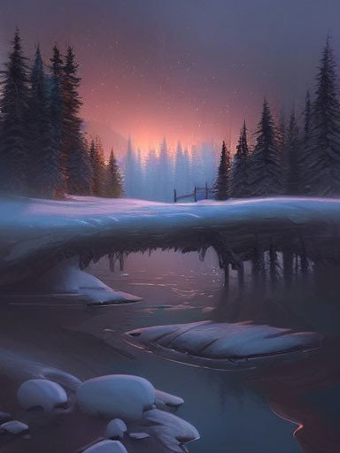 Snow-covered trees and frozen river in serene twilight winter landscape