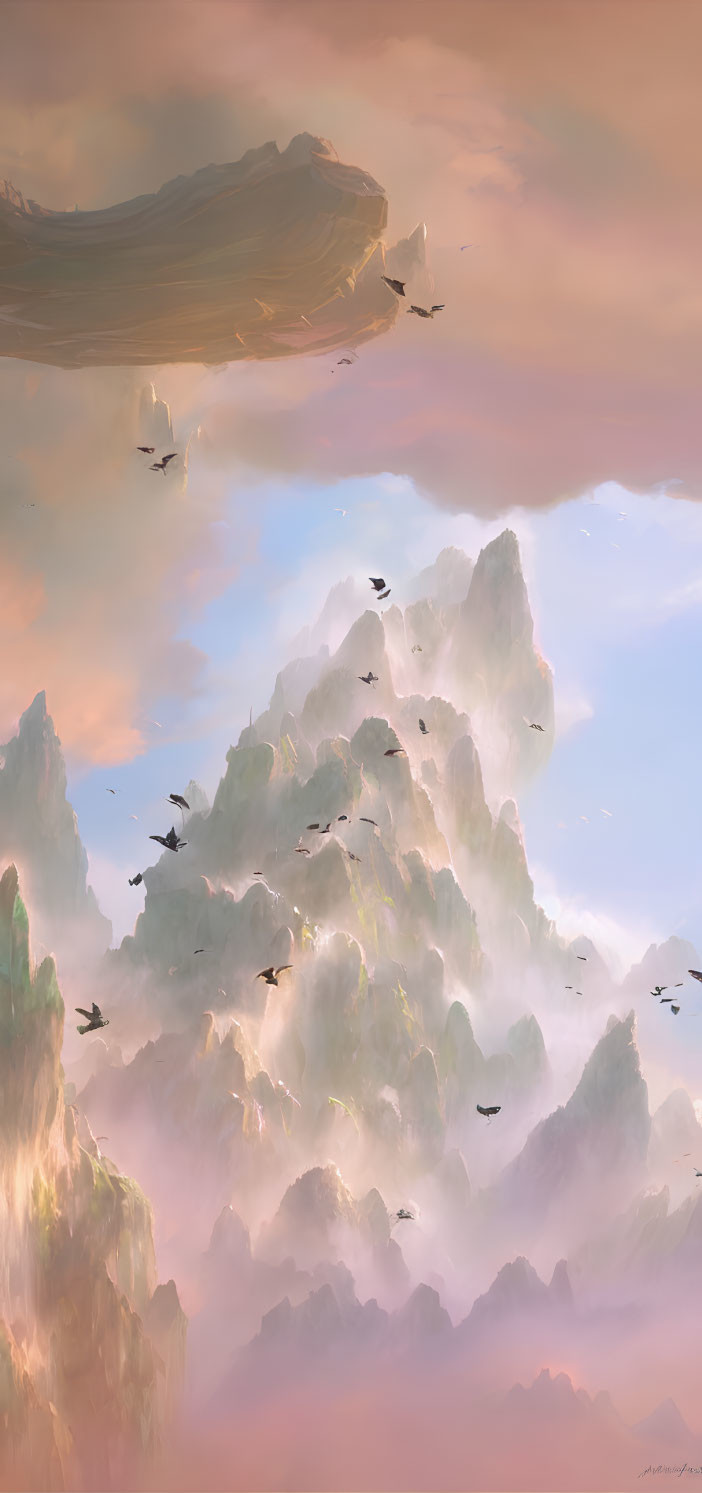 Majestic mountain landscape with flying creatures in serene pink sky