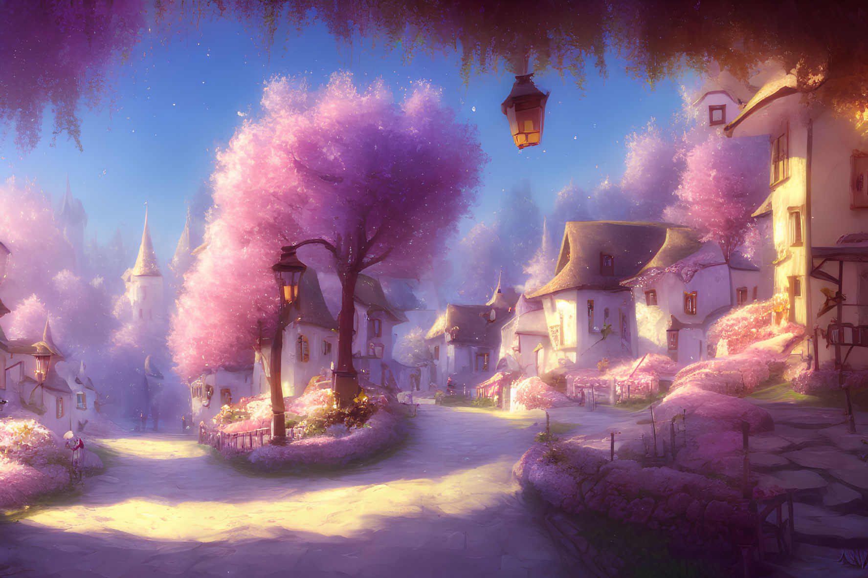 Enchanting village scene: pink trees, lantern-lit paths, castle silhouette