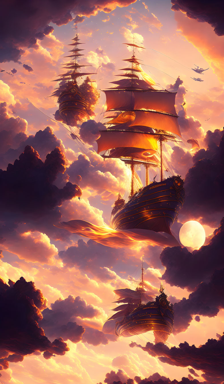 Fantasy ships sailing in pink cloud-filled sky at sunset