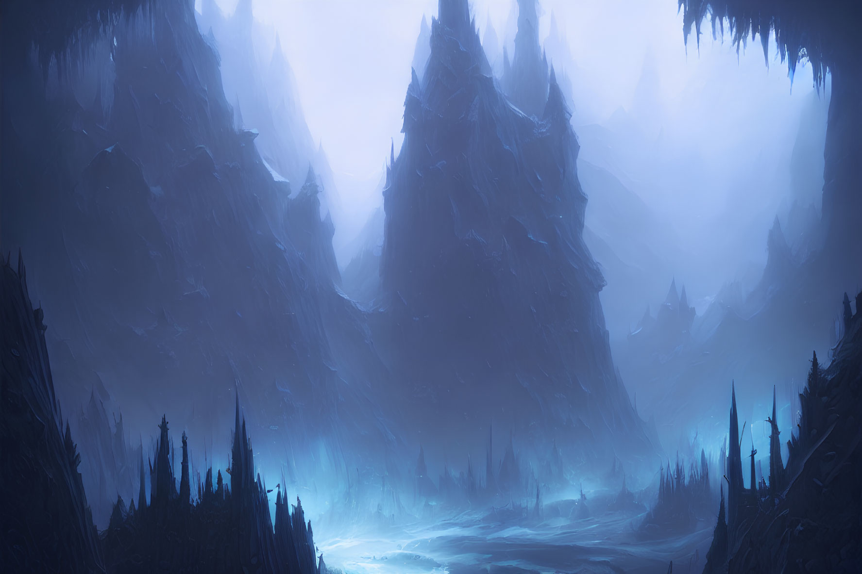 Mystical fog-enveloped landscape with spiky mountains and ethereal light