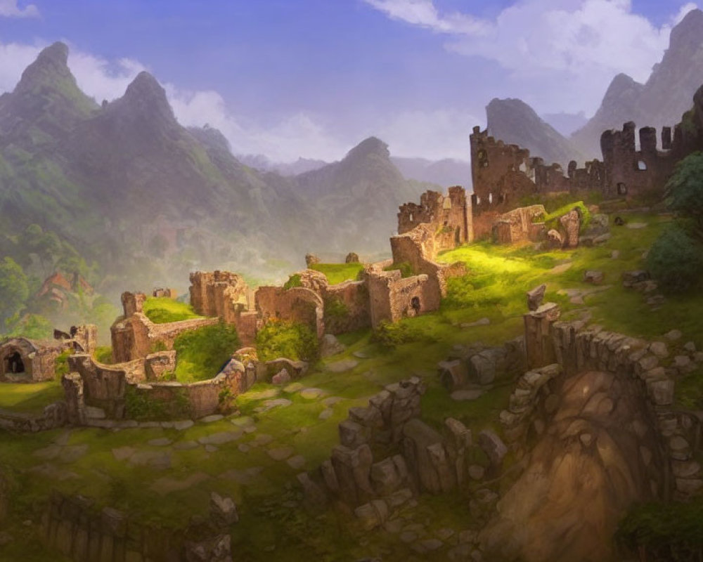 Digital artwork: Ancient ruins in lush greenery with mountains under a sunlit sky