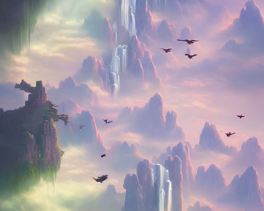 Surreal landscape with waterfalls, floating islands, pink clouds, and birds.