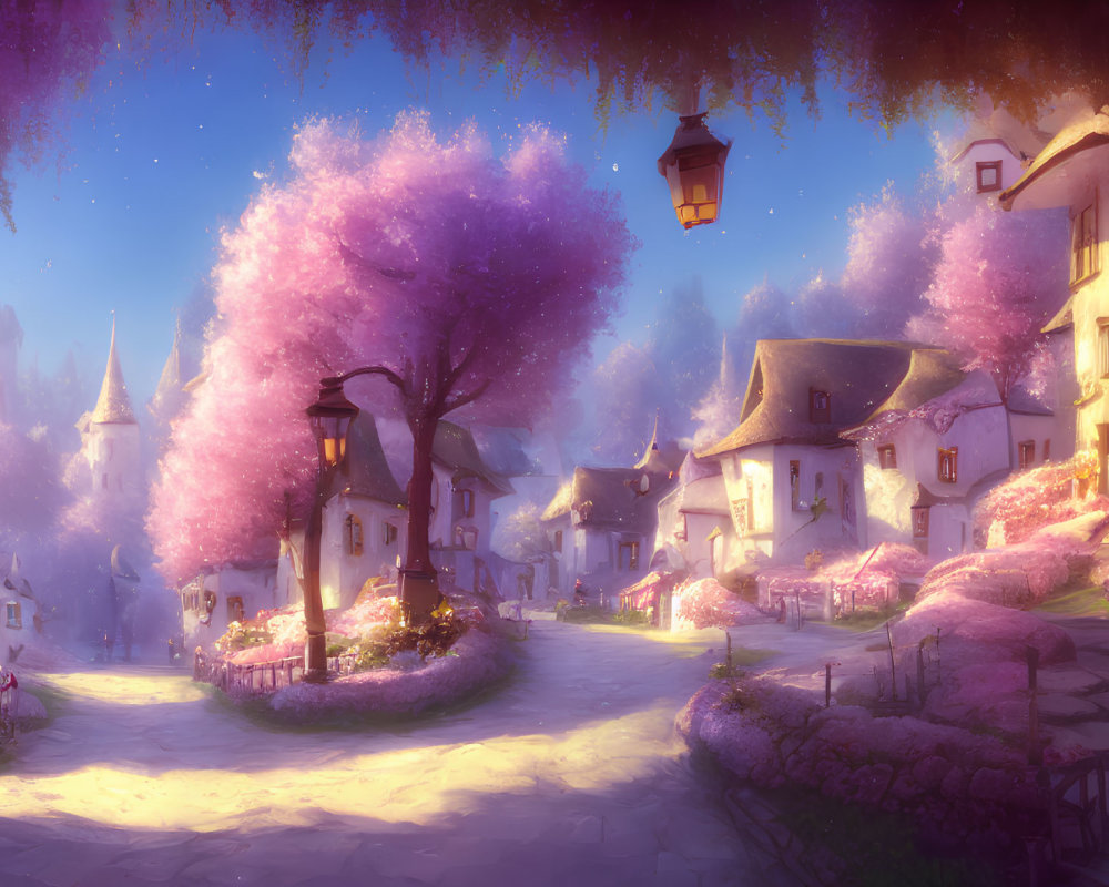 Enchanting village scene: pink trees, lantern-lit paths, castle silhouette