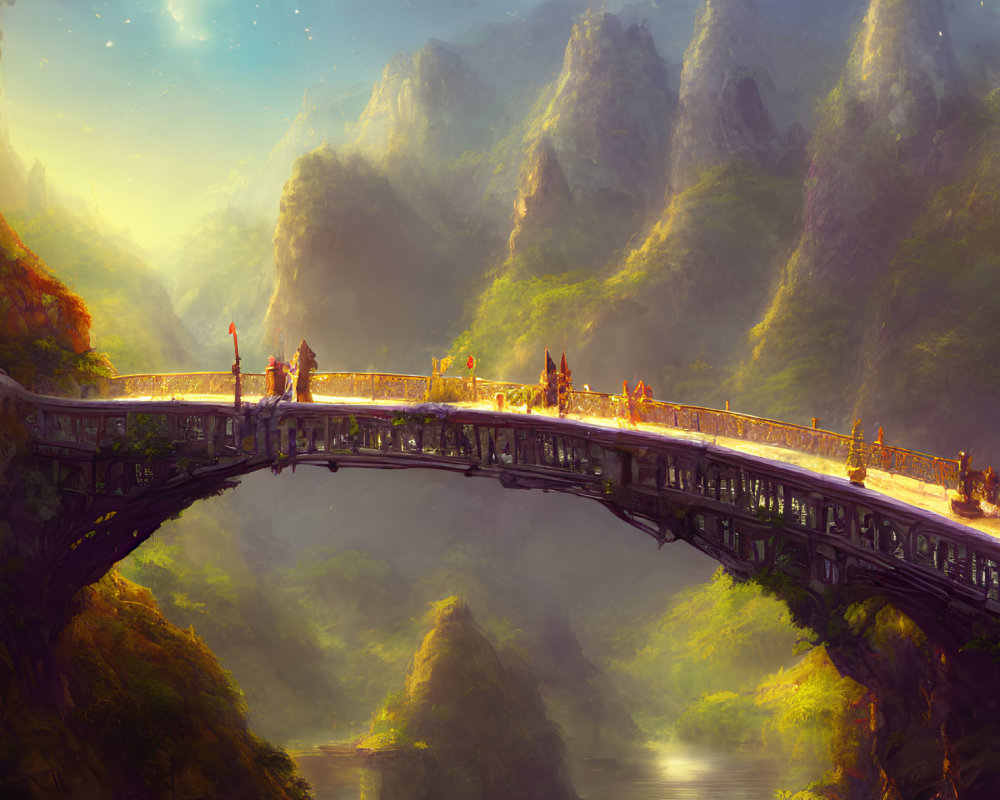 Stone bridge over river with mountains and figures admiring view