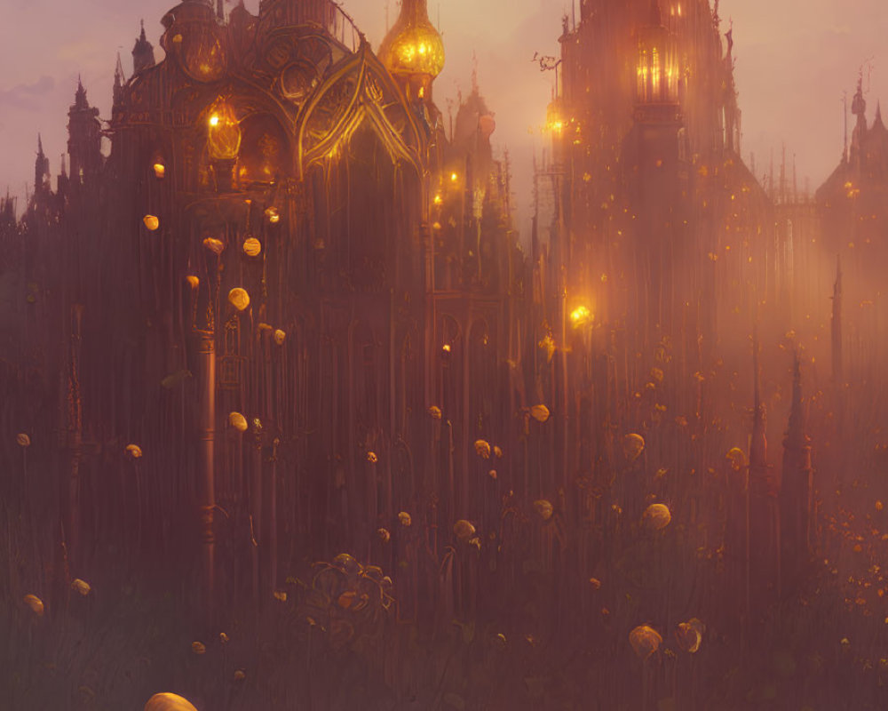 Gothic structures in fantastical dusk landscape