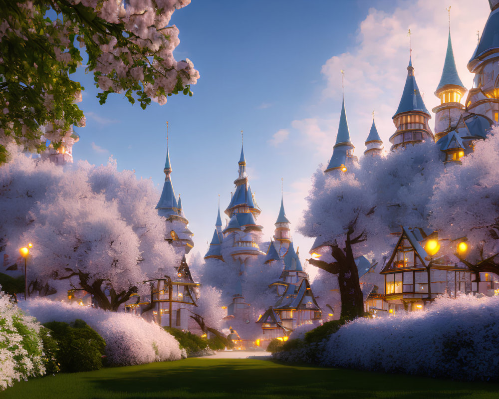 Majestic castle amidst cherry blossoms and sunset glow