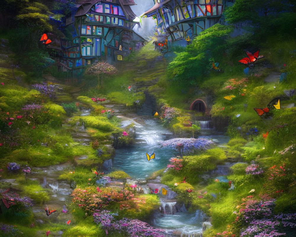 Vibrant Fairy-Tale Forest with Brook and Cottages