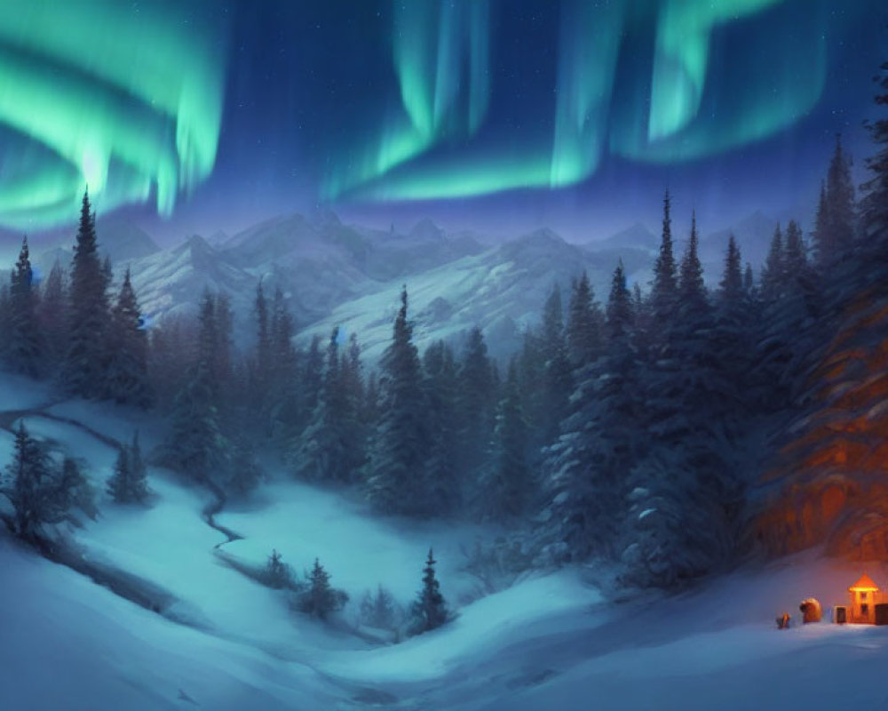 Winter night scene: Northern Lights over snow-covered landscape with campfire