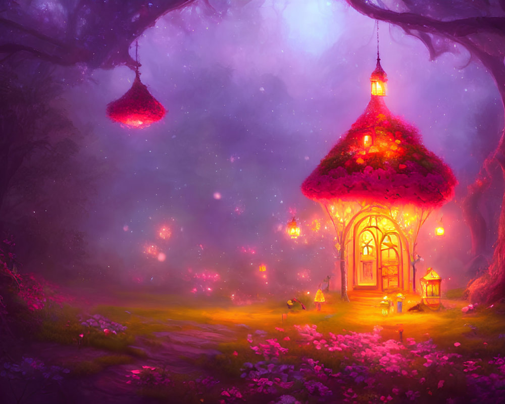 Enchanted cottage in magical forest with glowing lanterns
