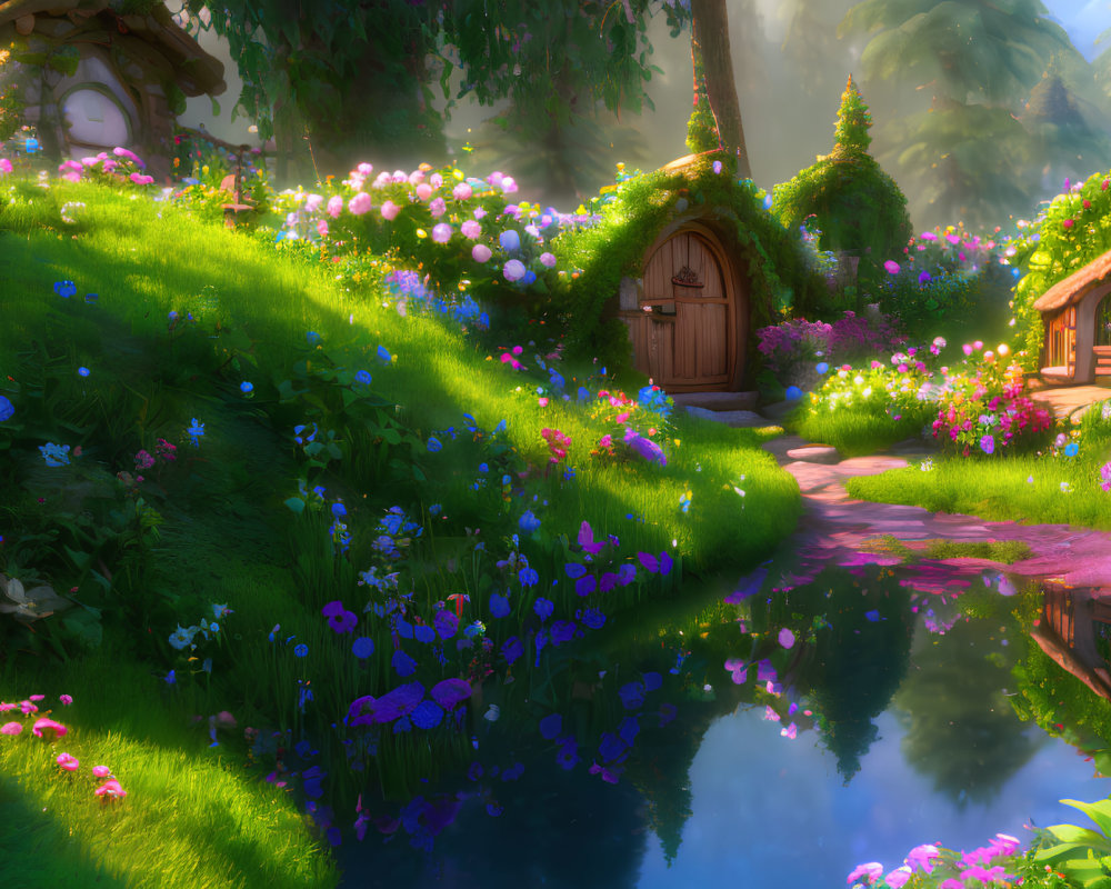 Tranquil fantasy village nestled in lush hillsides